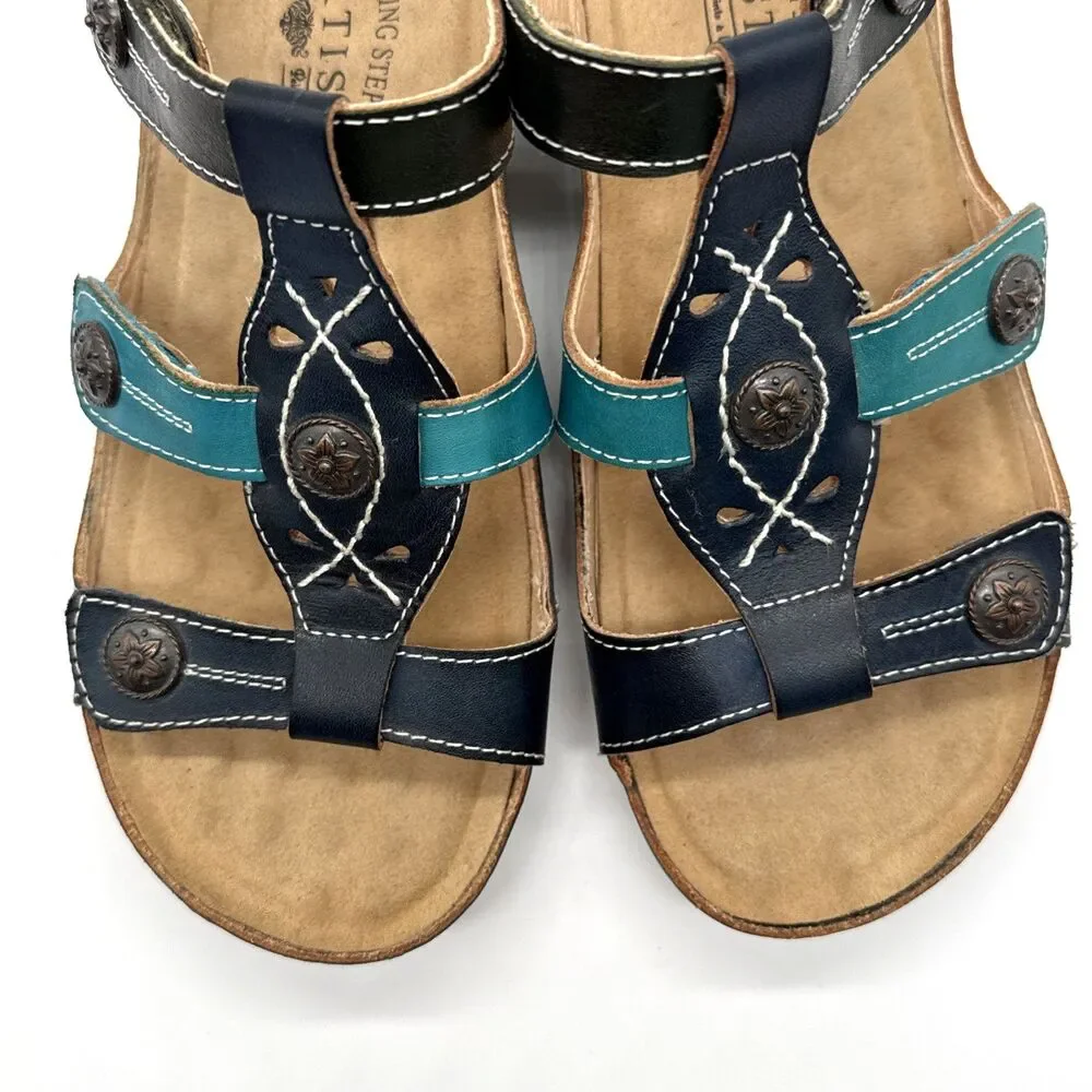 L'Artiste by Spring Step MELISSA Navy/Teal Leather Wedge Sandal Wm US 7.5 & EU38